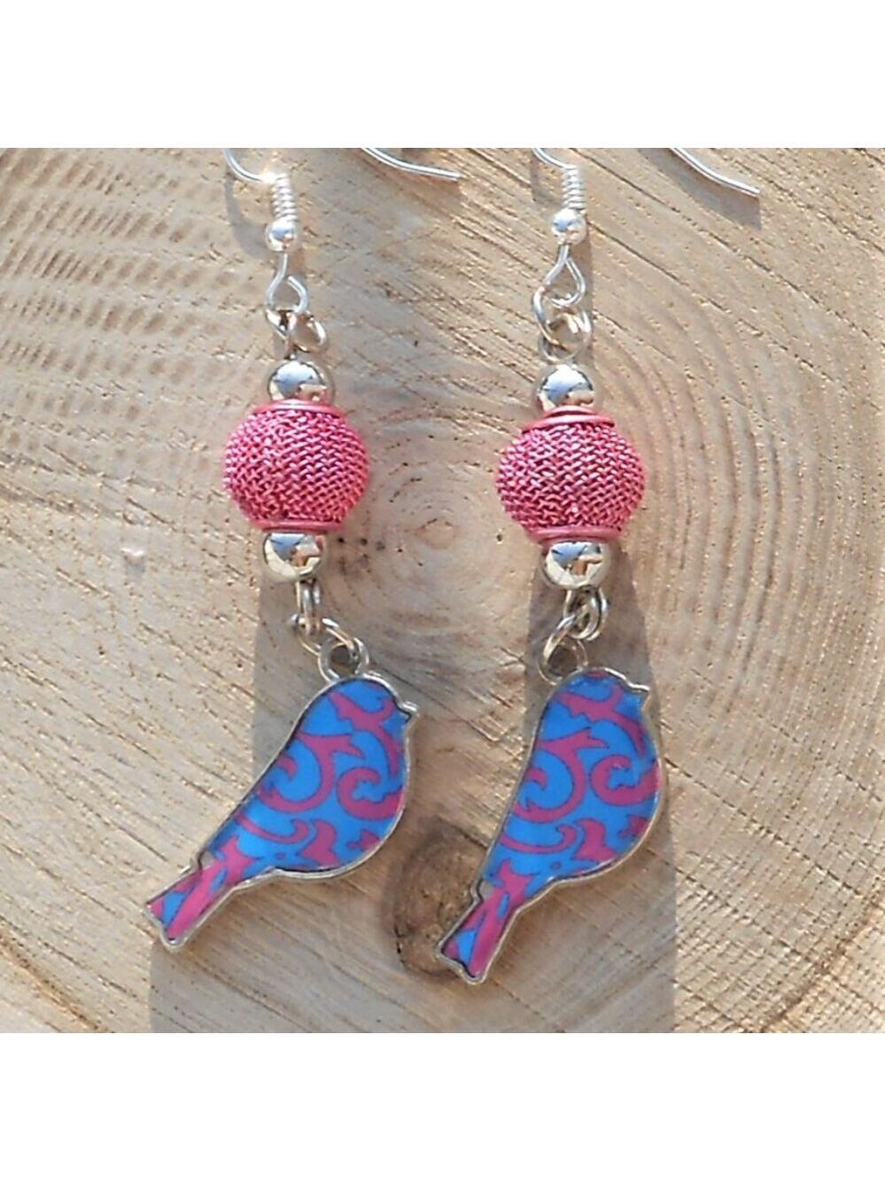 No 455 Handmade earrings with enameled silver birds charms